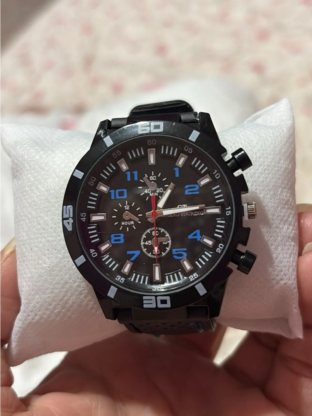 Black Sport Chronograph Watch with Blue Numerals